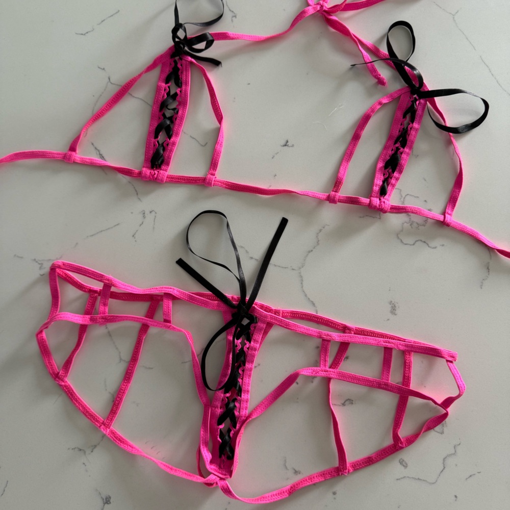 Pink and Black Strappy Lingerie Set